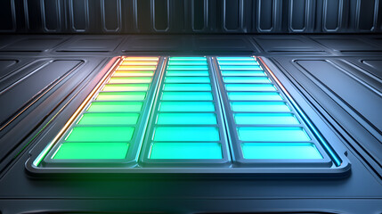 Dynamic battery charge level display technology lab digital interface modern environment close-up view energy management