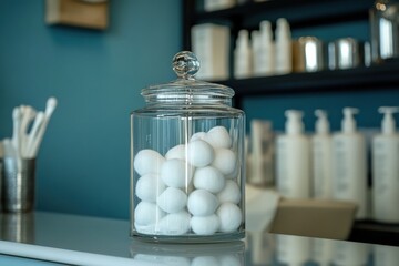 Glass jar filled with cotton balls on a stylish counter in a salon. Generative AI