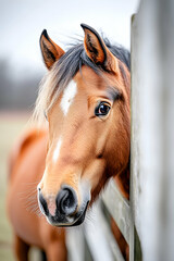 Chestnut horse peeking fence, farm field background, equestrian photography