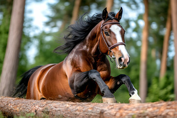 Obraz premium Chestnut horse leaps log, forest backdrop, equestrian action, nature