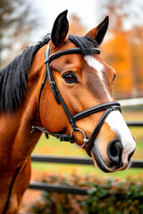 Obraz premium Chestnut horse portrait, autumn paddock, fence background, equestrian use