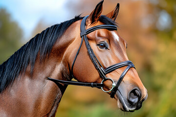 Obraz premium Chestnut horse portrait, autumn leaves background, equestrian, stock photo