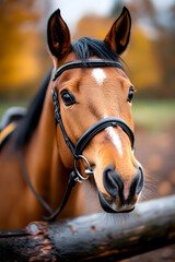 Obraz premium Chestnut horse portrait, autumn paddock, blurred background, equestrian photography