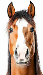 Chestnut horse portrait, white background, equine head closeup
