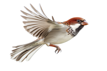 Bird Sparrow in mid flight with spread wings and feathers isolated on transparent background