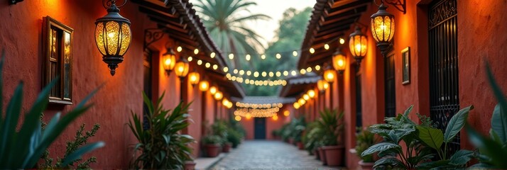Obraz premium Charming colonial courtyard with lanterns and string lights at sunset