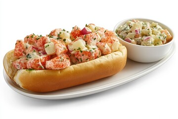 Delicious lobster roll served with creamy potato salad on a white plate