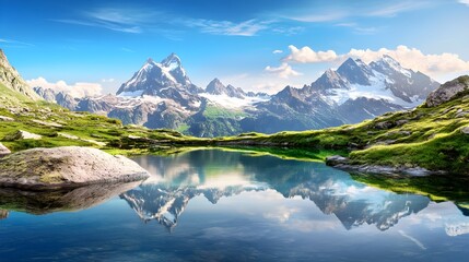 Fototapeta premium Majestic Alpine Lake Surrounded by Snow-Capped Mountains Reflecting a Crystal-Clear Surface – Generative AI