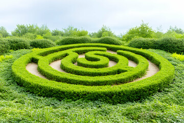 Circular hedge maze in park, cloudy sky