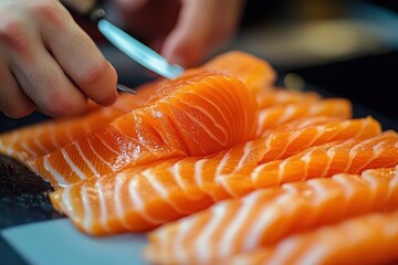 Skilled chef prepares fresh salmon fillets during evening culinary session in a vibrant kitchen