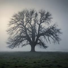 A Majestic Lone Tree Standing in a Vast Foggy Meadow