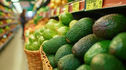 Fresh avocados piled high in a grocery store display, embodying healthy eating habits and culinary diversity. Great for nutrition, wellness, and lifestyle content.
