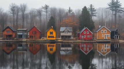 Obraz premium Colorful cottages reflected in calm water on a foggy, overcast day.