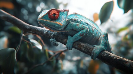 Detailed Chameleon on Branch in Vibrant Colors