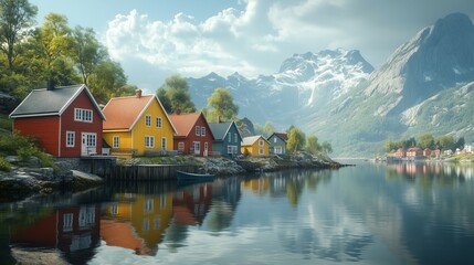 Picturesque coastal village nestled against towering mountains and tranquil waters.