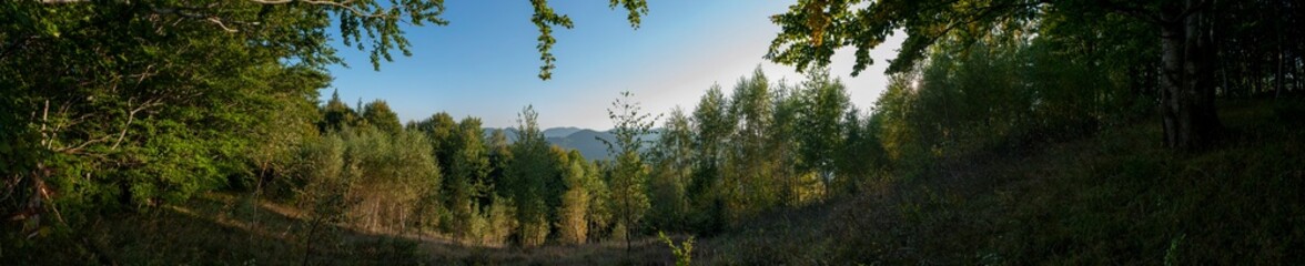 Panoramic nature landscape, soft pastel colors, dream nature, sunset autumn background, peaceful amazing nature panorama