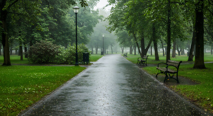 Obraz premium 雨の日の公園ベンチ