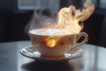 Warm latte art steaming in an ornate cup sitting on a reflective table in a cozy cafe setting