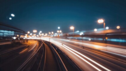 Long exposure shot of highway traffic creating smooth, dynamic light trails, symbolizing speed, movement, and futuristic transport


