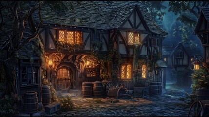 A dimly lit medieval tavern nestled in a cobblestone alley, exuding warmth from glowing lanterns and rustic wooden beams.