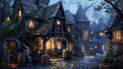 Fototapeta premium A dimly lit medieval tavern nestled in a cobblestone alley, exuding warmth from glowing lanterns and rustic wooden beams.