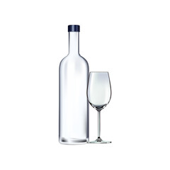 Realistic vodka bottle and glass 3d vector eps.