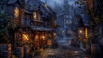 Obraz premium A dimly lit medieval tavern nestled in a cobblestone alley, exuding warmth from glowing lanterns and rustic wooden beams.