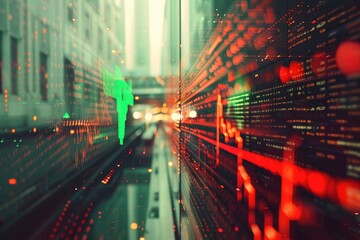 Business background with green and red market indicators on a financial trading screen representing the stock exchange and economic trends.