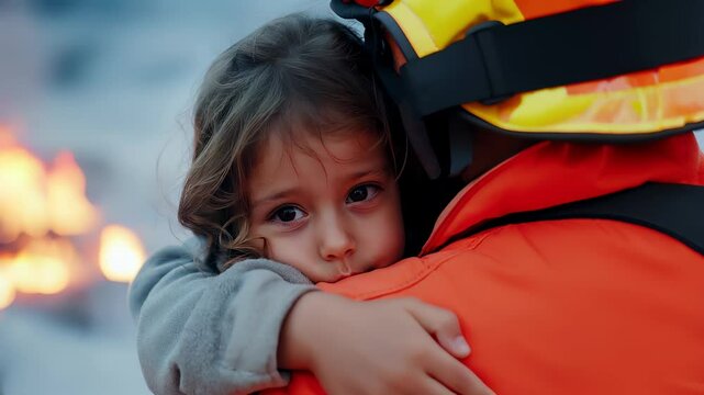 Brave firefighter rescuing young child from intense flames, carrying traumatized girl away from dangerous, burning building during dramatic emergency response