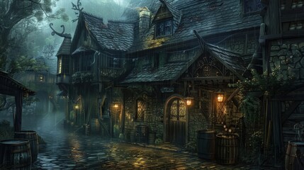 Obraz premium Ancient battle arena with stone steps, burning torches, and a bloodstained floor, creating a dark fantasy setting for gladiatorial combat and epic battles.