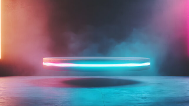 Dynamic neon hovering disc futuristic studio digital art urban environment aerial view modern concept