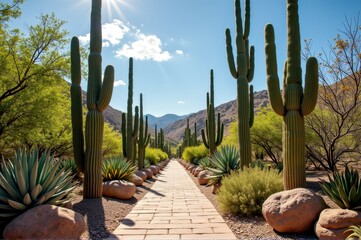 Sunny desert pathway with tall saguaro cacti and mountains under blue sky