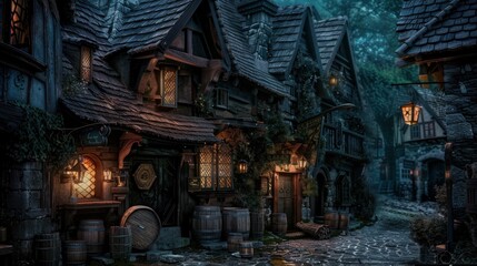 A dimly lit medieval tavern nestled in a cobblestone alley, exuding warmth from glowing lanterns and rustic wooden beams.