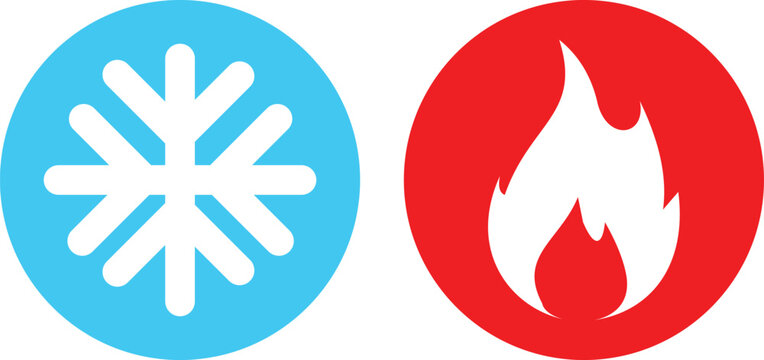 Hot and cold set icon. Fire and snowflake sign. Heating and cooling button. circles. Isolated vector illustration.
