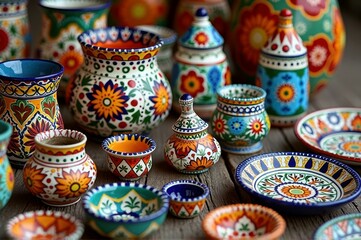 Colorful hand-painted mexican pottery display with floral patterns on wooden surface