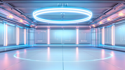 Fototapeta premium Futuristic technology showcase virtual gallery 3d environment neon aesthetics modern viewpoint interactive experience