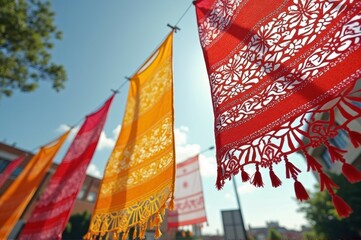 Vibrant red and orange traditional fabric flags hanging outdoors against a bright blue sky