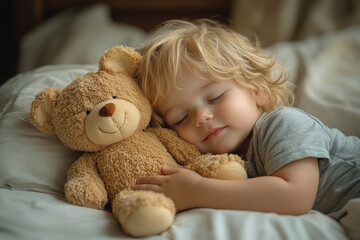 Child peacefully sleeping with teddy bear in cozy bed during a quiet afternoon