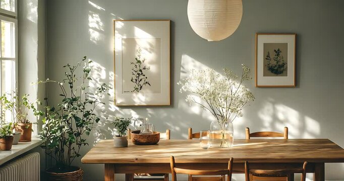 Cozy dining room with natural light, wooden table, plants, and minimalist decor.
