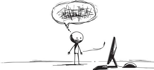 "Hand-Drawn Stick Figure with Chaotic Thought Bubble – Sketch Art"