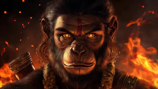 Intense portrait of a Hanuman, the mighty hindu monkey god,  warrior with glowing eyes, emerging from a fiery background