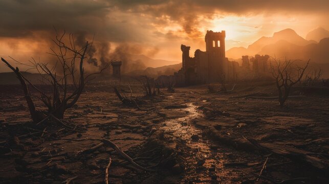 Dark fantasy landscape featuring a ruined castle atop a hill, surrounded by a barren wasteland under a dramatic fiery sunset with ominous clouds.