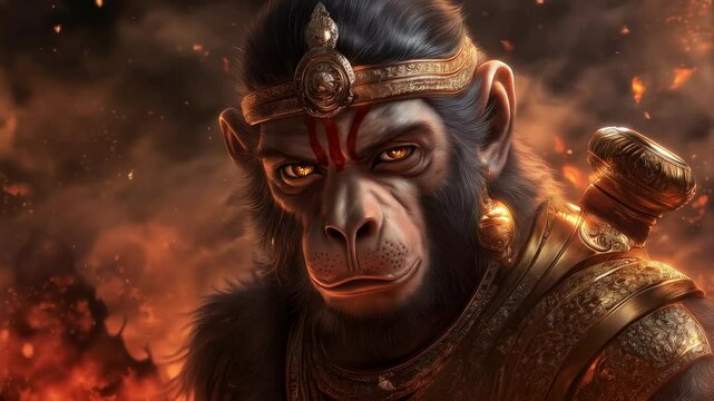 Hanuman, the mighty hindu monkey god, slowly turns his head amidst a fiery battlefield under a starry night sky