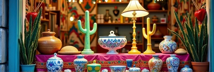 Colorful mexican pottery display with cacti and lamp in vibrant shop window