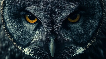 A close-up of an owl's face with its piercing yellow eyes