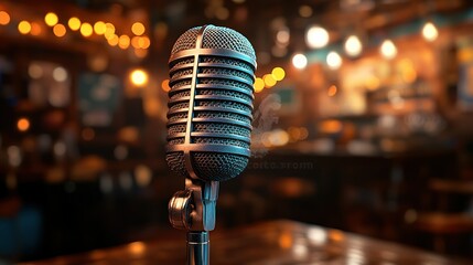 Vintage microphone, pub stage, bokeh lights, music performance