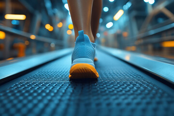 Fototapeta premium Person jogging on a treadmill in a modern fitness center during evening hours