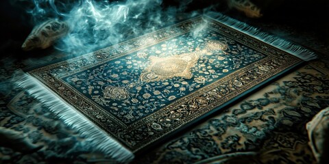 Enchanted Persian rug, dreamlike levitating carpet with intricate patterns