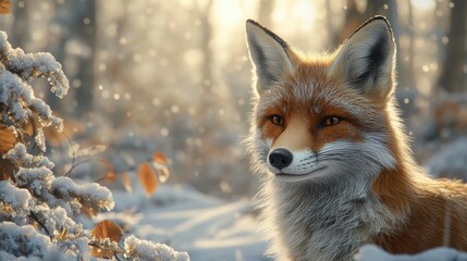 Fototapeta premium Majestic red fox in snowy forest during winter with falling snowflakes