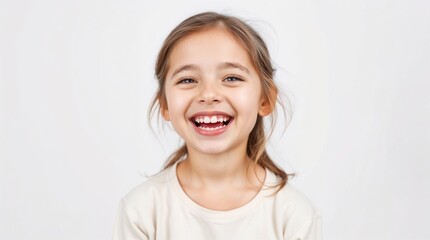 Studio shot of a girl with fair skin and bright eyes, laughing heartily against a crisp white background